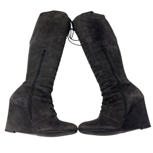 Stuart Weitzman knee high gray suede boots 6.5M riding equestrian wedged lace up - Picture 3 of 9